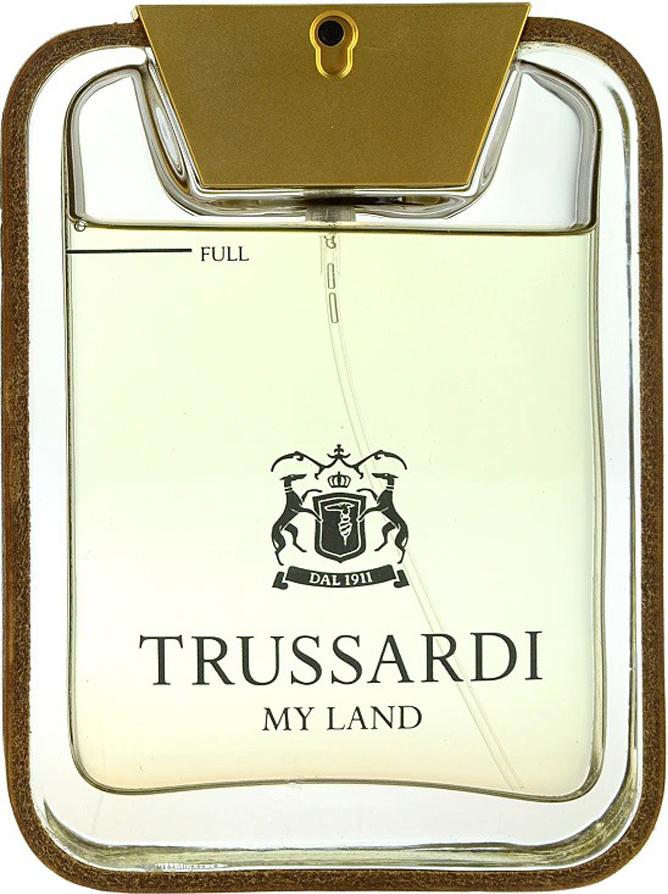 Flacon wody toaletowej Trussardi My Land 100ml dla mężczyzn na białym tle, eleganckie opakowanie męskich perfum marki Trussardi