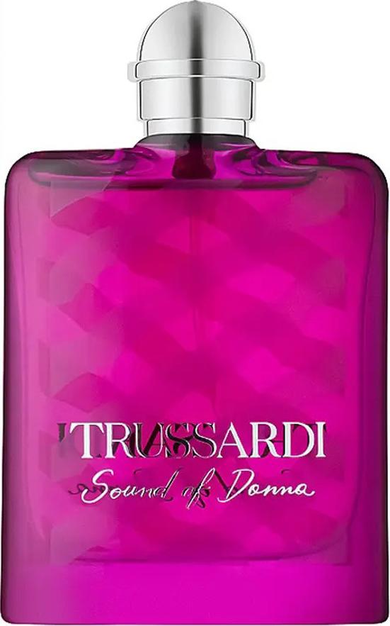 Butelka perfum Trussardi Sound of Donna woda perfumowana 30ml na białym tle - elegancki flacon z logo marki Trussardi w luksusowym opakowaniu