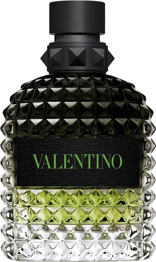 Flacon wody toaletowej Valentino Uomo Born in Roma Green Stravaganza 100ml z eleganckim opakowaniem marki Valentino na białym tle