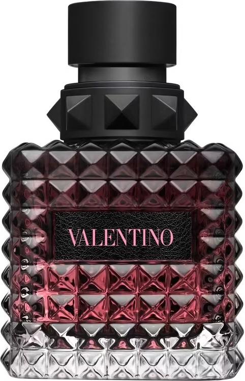 Flacon perfum Valentino Born in Roma Donna Intense woda perfumowana 30ml na białym tle z eleganckim opakowaniem marki Valentino