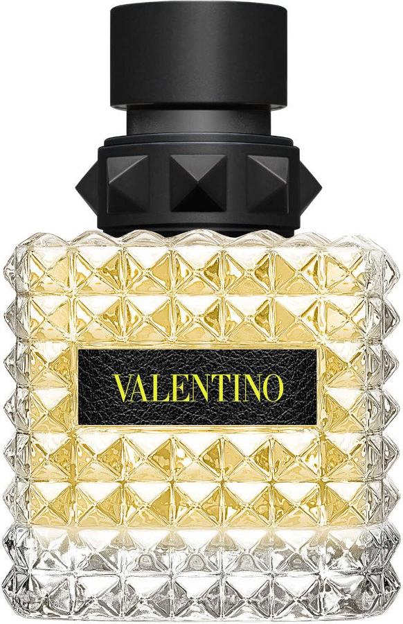 Flacon perfum Valentino Donna Born In Roma Yellow Dream woda perfumowana 30ml na białym tle z eleganckim opakowaniem marki Valentino