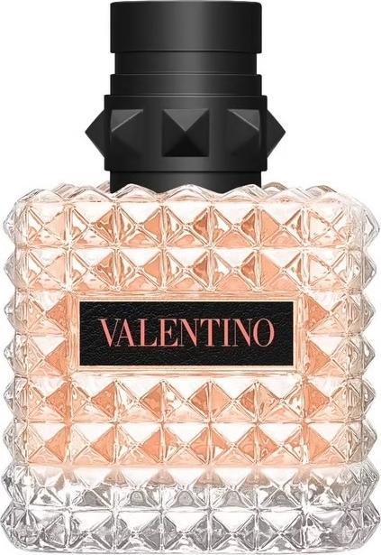 Flacon perfum VALENTINO Donna Born in Roma Coral Fantasy woda perfumowana dla kobiet na białym tle z eleganckim opakowaniem marki