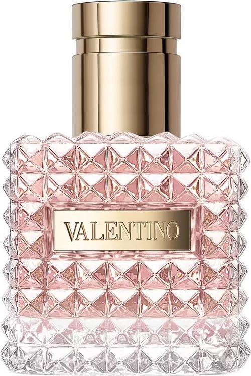 Flacon wody perfumowanej Valentino Donna 30 ml na białym tle - elegancka buteleczka z logo marki Valentino i kwiatowym zapachem