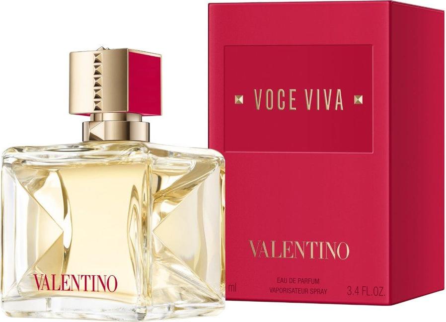 Flakon wody perfumowanej VALENTINO Voce Viva z czerwonymi akcentami na białym tle - eleganckie perfumy kwiatowe dla kobiet