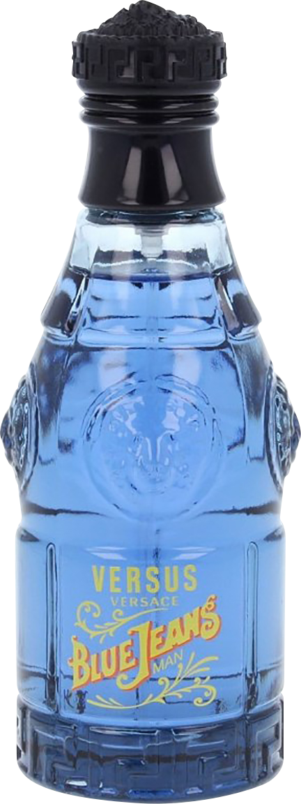 Flacon wody toaletowej Versace Blue Jeans Man 75ml z charakterystycznym niebieskim opakowaniem marki Versace na białym tle
