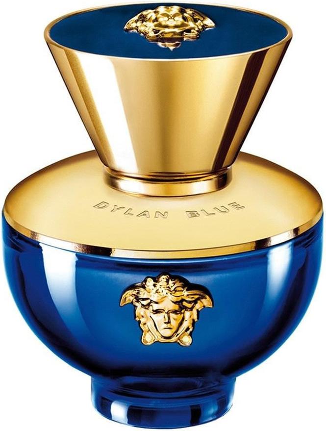 Versace pour Femme Dylan Blue woda perfumowana 50ml w eleganckim niebieskim flakonie ze złotymi detalami na białym tle