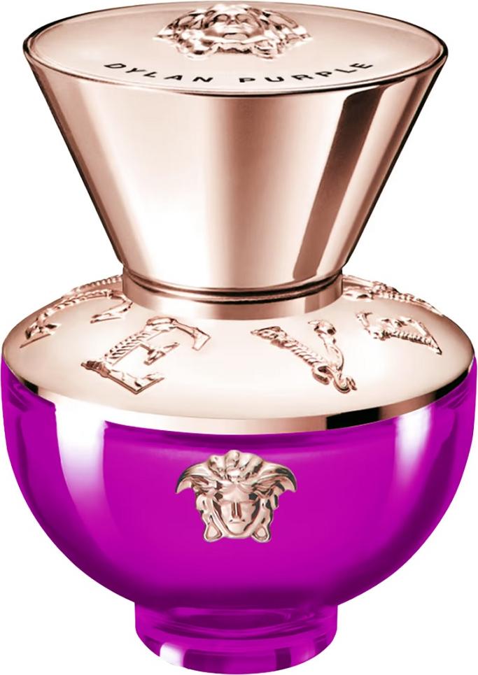 Flacon wody perfumowanej VERSACE Dylan Purple dla kobiet z eleganckim opakowaniem marki Versace na białym tle w wysokiej jakości