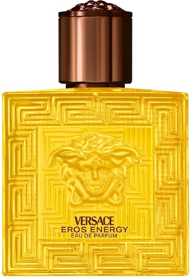 Flacon wody perfumowanej Versace Eros Energy 50ml z charakterystycznym designem marki Versace na białym tle z eleganckim opakowaniem