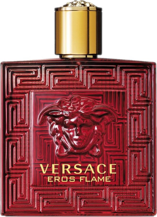 Flacon wody perfumowanej VERSACE Eros Flame dla mężczyzn z eleganckim czerwonym opakowaniem marki Versace na białym tle