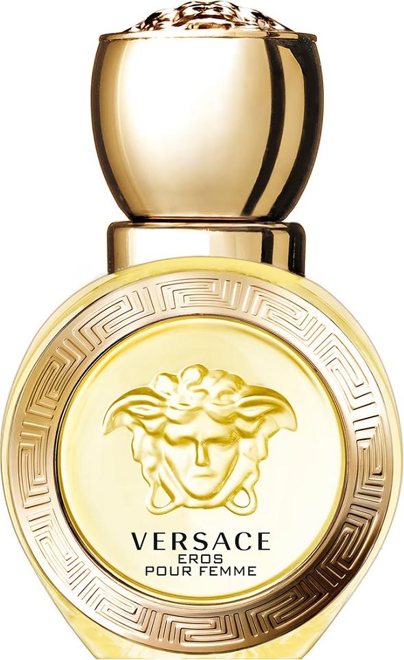 Flacon perfum VERSACE Eros pour Femme woda toaletowa dla kobiet na białym tle z eleganckim opakowaniem marki Versace