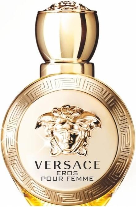 Versace Eros pour Femme woda perfumowana 50ml w luksusowym złotym flakonie z emblematem Meduzy na białym tle - eleganckie perfumy damskie
