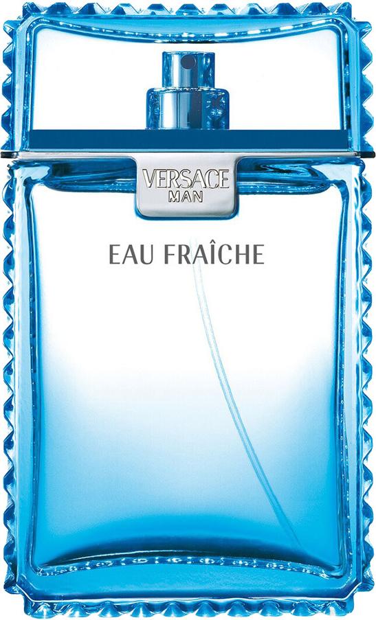 Versace Man Eau Fraiche woda toaletowa 30ml w błękitnym flakonie na białym tle - luksusowe perfumy męskie marki Versace o świeżym zapachu