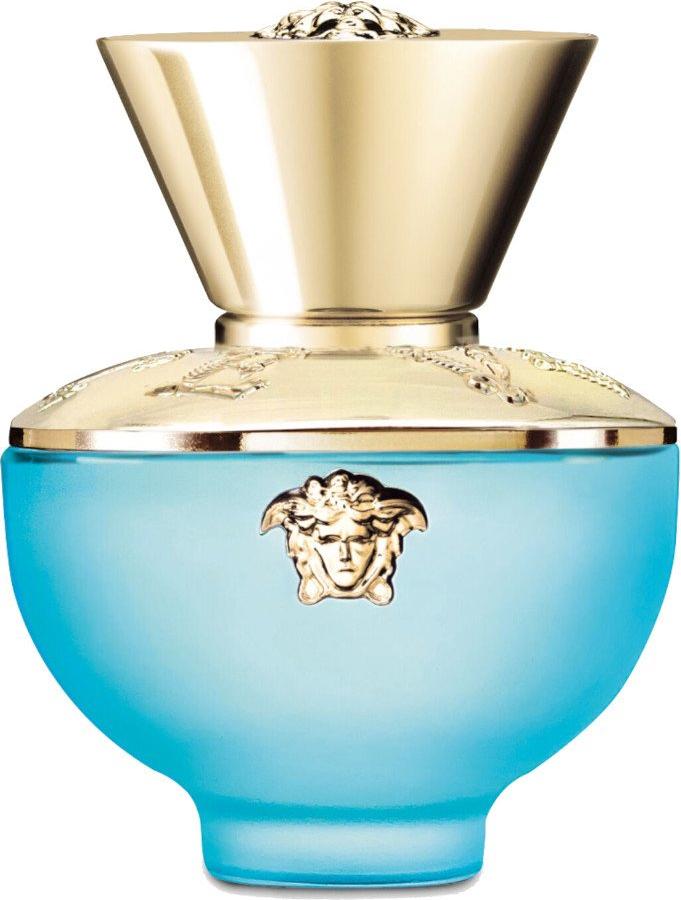 Versace Pour Femme Dylan Turquoise woda toaletowa 50ml w eleganckim turkusowo-złotym flakonie na białym tle z logo marki Versace