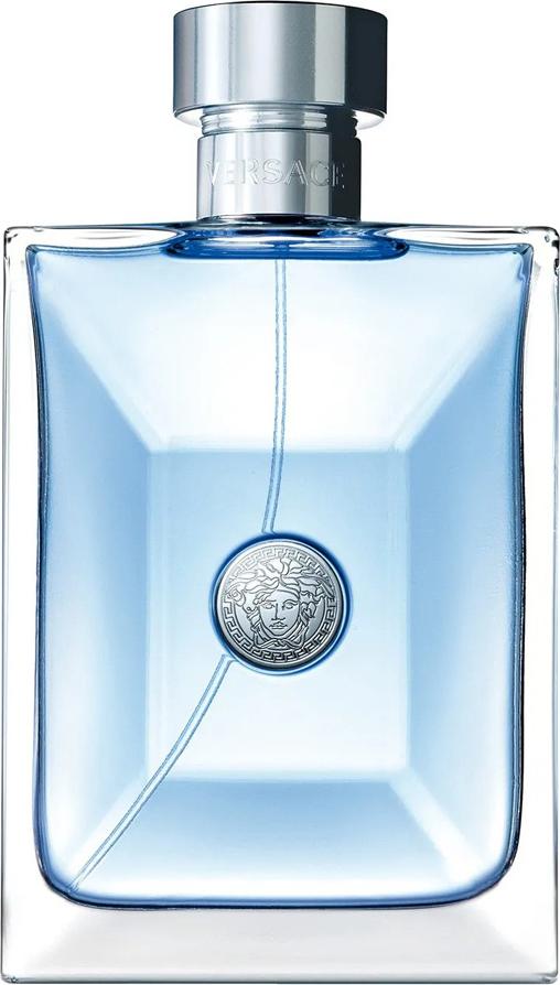 Flacon wody toaletowej Versace pour Homme dla mężczyzn z charakterystycznym logo marki Versace na eleganckiej butelce perfum