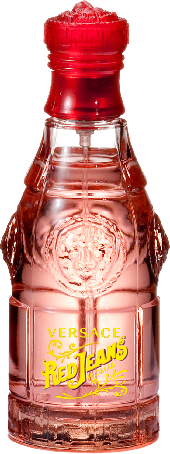 Versace Red Jeans woda toaletowa 75 ml w czerwonym flakonie - energetyczne perfumy kwiatowo-owocowe dla kobiet na białym tle