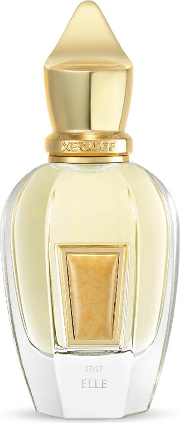 Flakon perfum XERJOFF XJ 17/17 Elle woda perfumowana 50ml z elegancką etykietą z kwarcem w wzór lamparta na białym tle