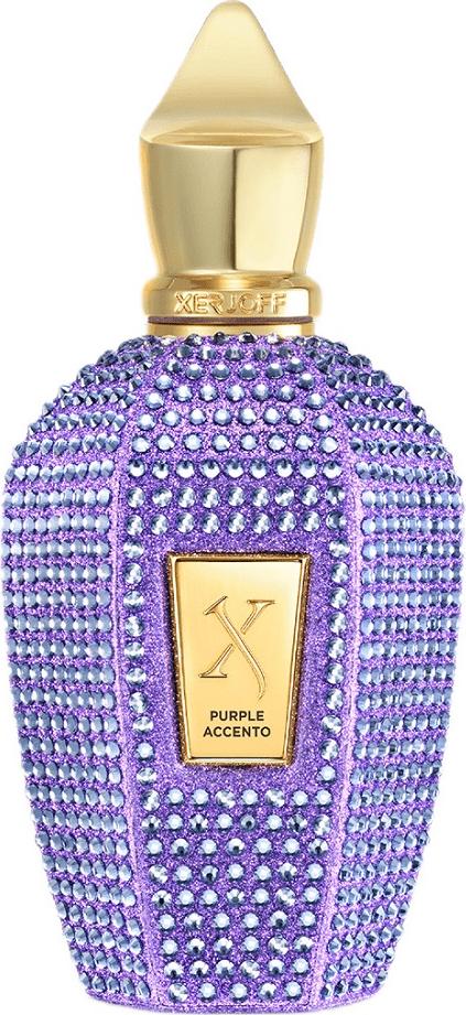 Flakon wody perfumowanej XERJOFF Purple Accento 100ml z eleganckim designem i kryształami Swarovskiego na białym tle z opakowaniem marki