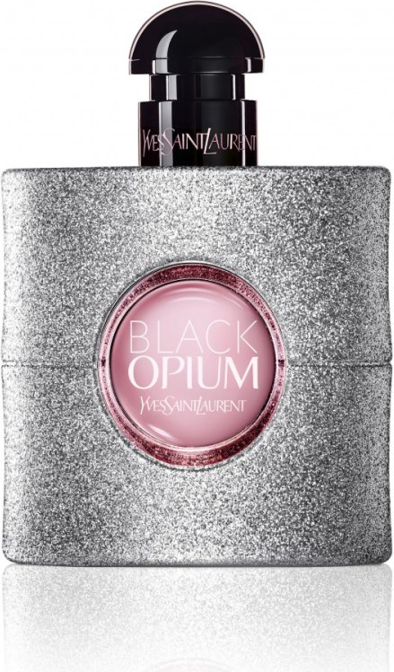 Flakon wody perfumowanej YVES SAINT LAURENT Black Opium Glitter z brokatowym wykończeniem na białym tle - eleganckie perfumy damskie YSL