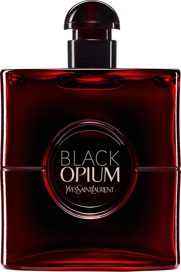 Flacon perfum Yves Saint Laurent Black Opium Over Red woda perfumowana 90ml na białym tle z eleganckim czarno-czerwonym opakowaniem marki YSL