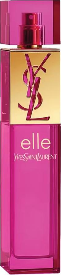 Flacon wody perfumowanej Yves Saint Laurent Elle 90ml na białym tle z eleganckim opakowaniem marki YSL w kolorze różowo-złotym