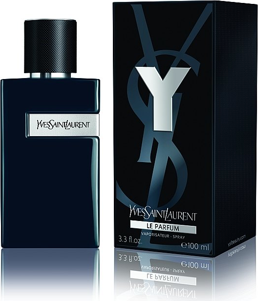 Flacon perfum YVES SAINT LAURENT Y Le Parfum dla mężczyzn w eleganckiej butelce z logo marki YSL na białym tle produktowym