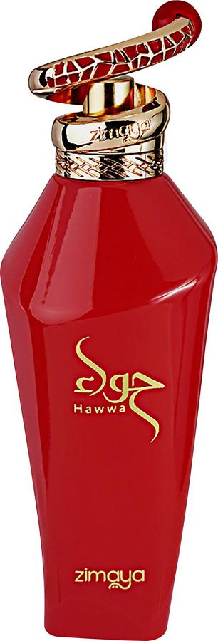 Zimaya Hawwa Red woda perfumowana 100ml w eleganckim czerwonym flakonie ze złotymi akcentami na białym tle - arabskie perfumy damskie