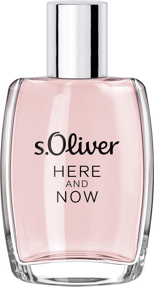Flacon perfum s.Oliver Here & Now Women woda perfumowana 30ml na białym tle z eleganckim opakowaniem marki s.Oliver