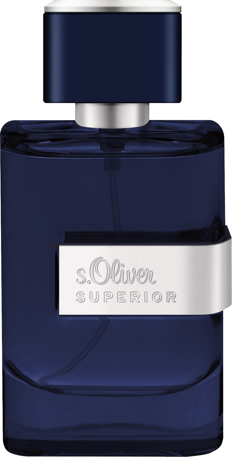 Flacon wody toaletowej s.Oliver Superior Men Intense Blue 30ml - niebieskie opakowanie męskich perfum na białym tle z logo marki s.Oliver