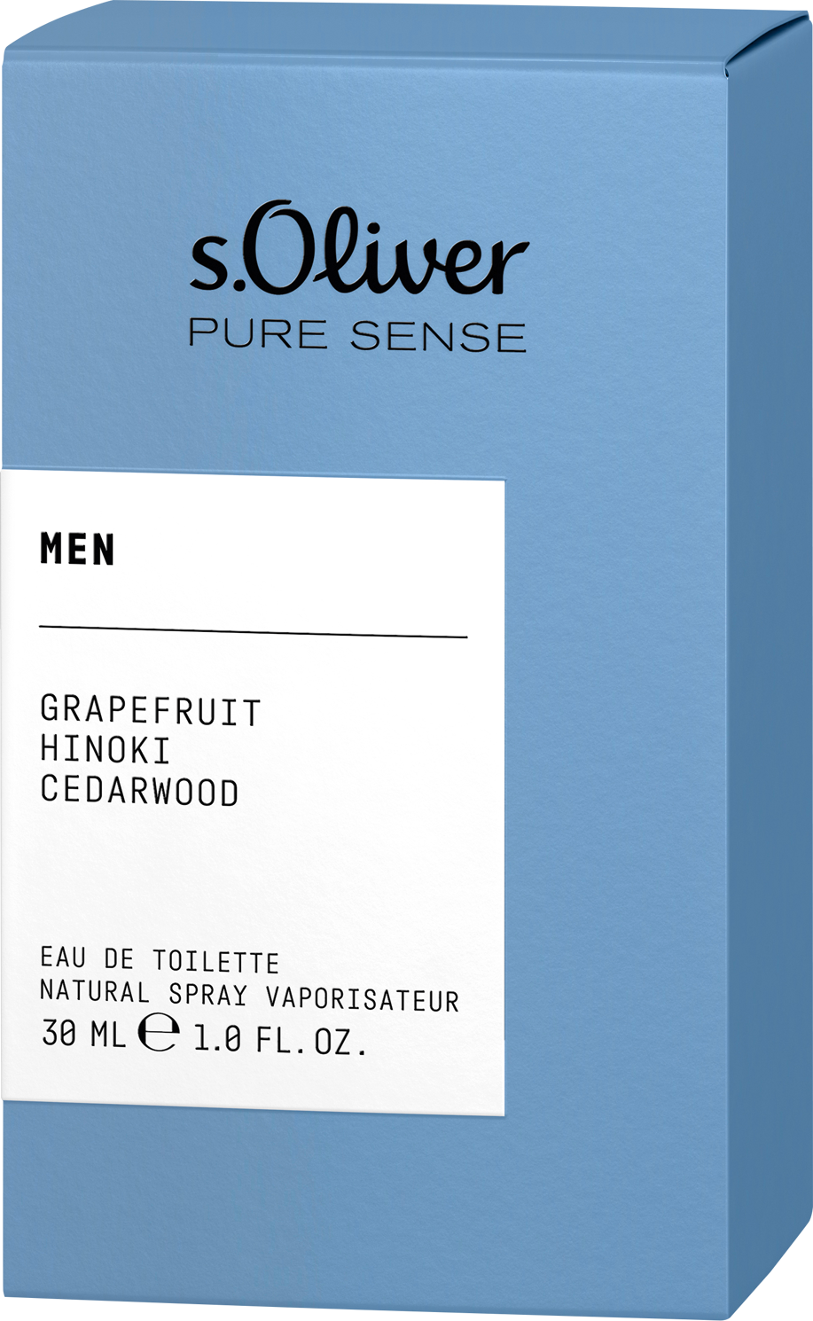 Flacon wody toaletowej s.Oliver Pure Sense Men 30ml dla mężczyzn z opakowaniem marki s.Oliver na białym tle - wegańskie perfumy męskie